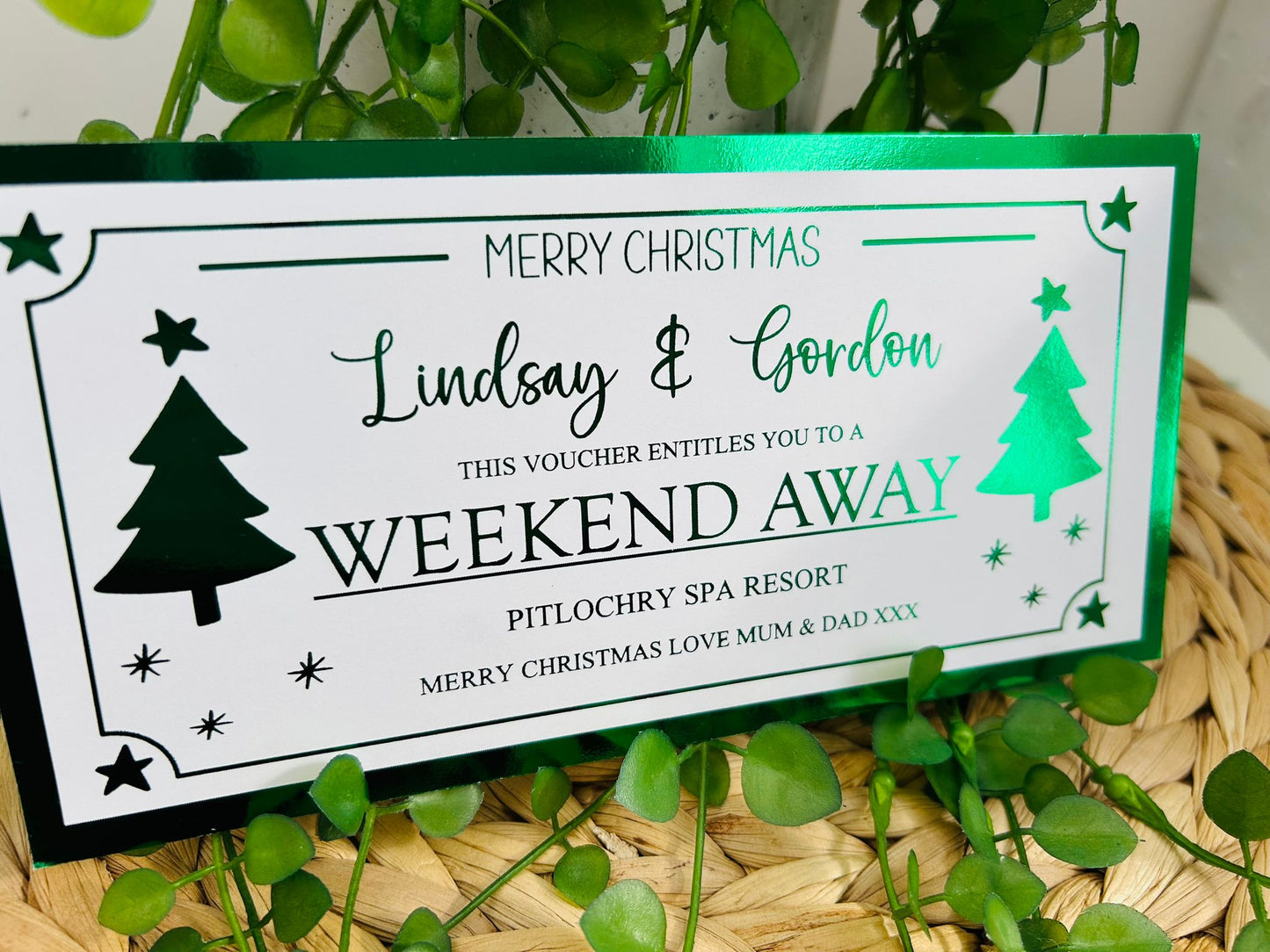 Personalised Foil Christmas Card, Surprise Foil Voucher Weekend Away, Overnight Stay