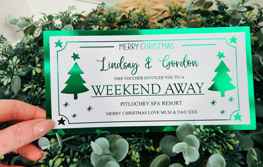 Personalised Foil Christmas Card, Surprise Foil Voucher Weekend Away, Overnight Stay