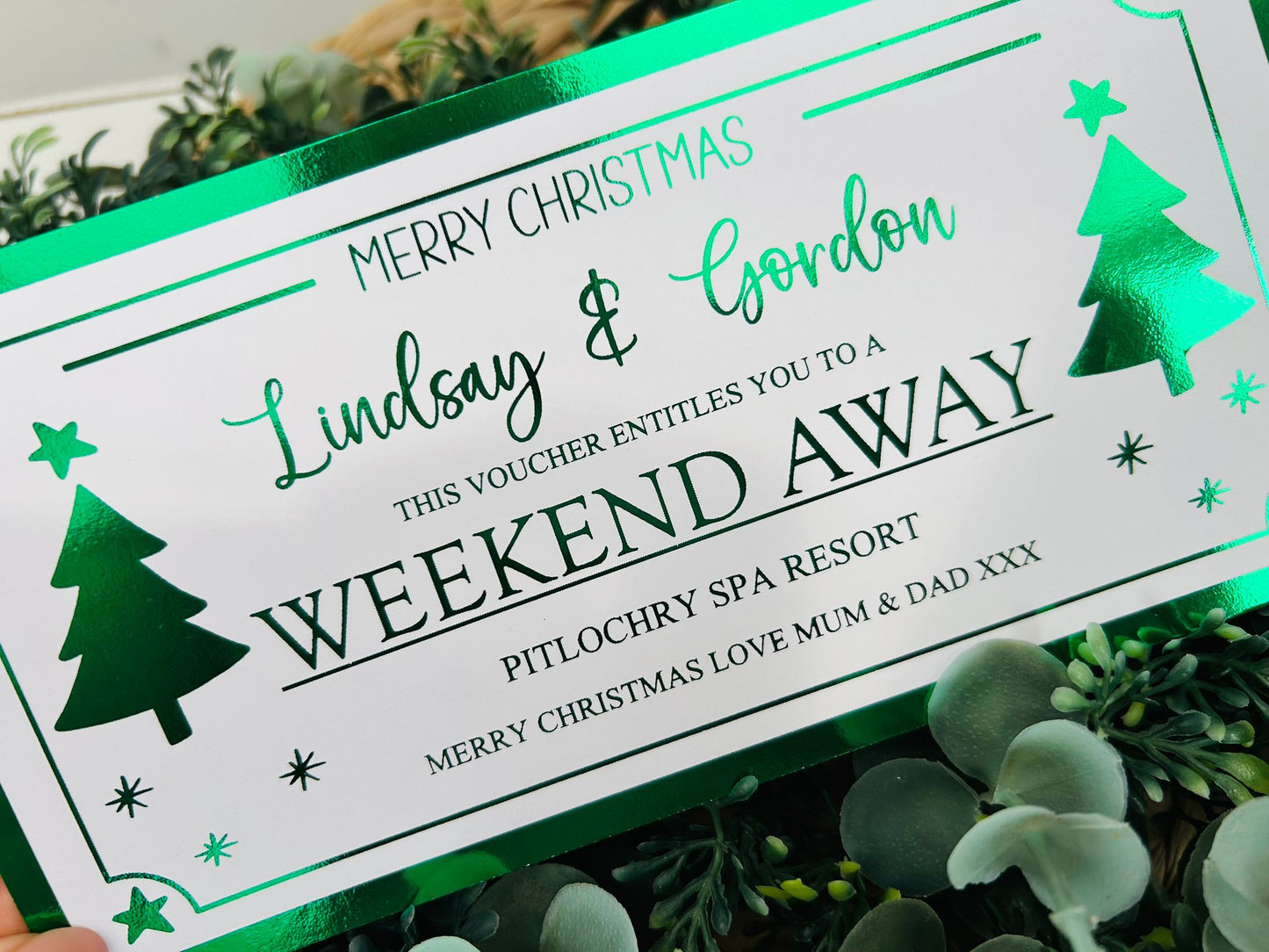 Personalised Foil Christmas Card, Surprise Foil Voucher Weekend Away, Overnight Stay