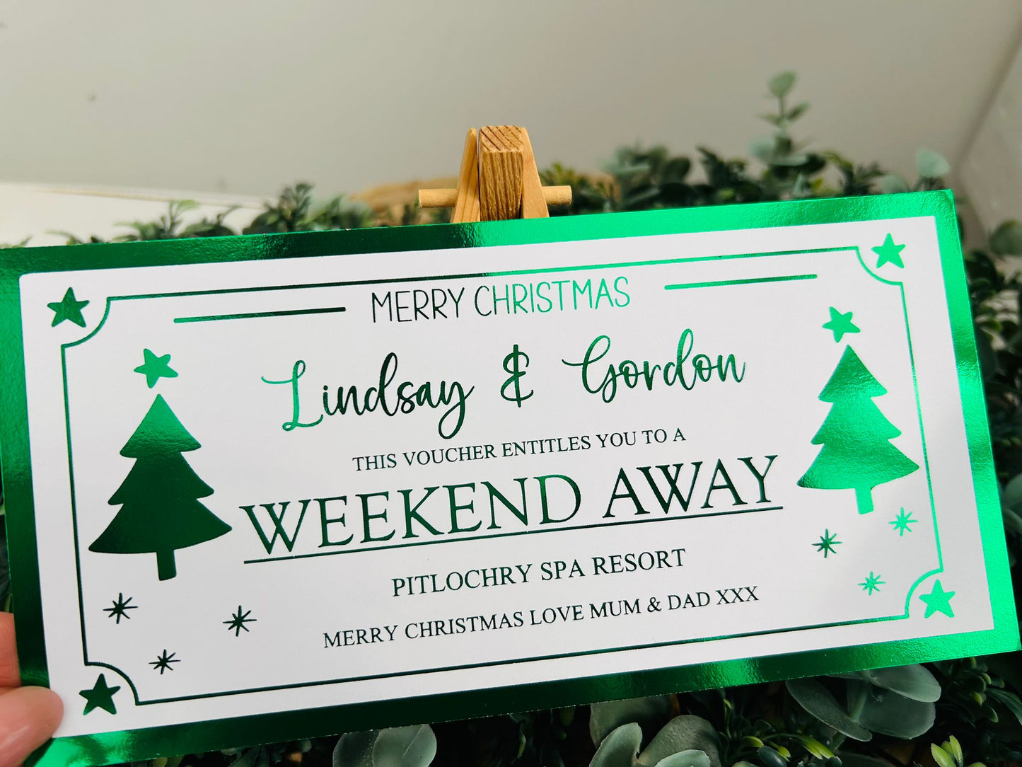 Personalised Foil Christmas Card, Surprise Foil Voucher Weekend Away, Overnight Stay