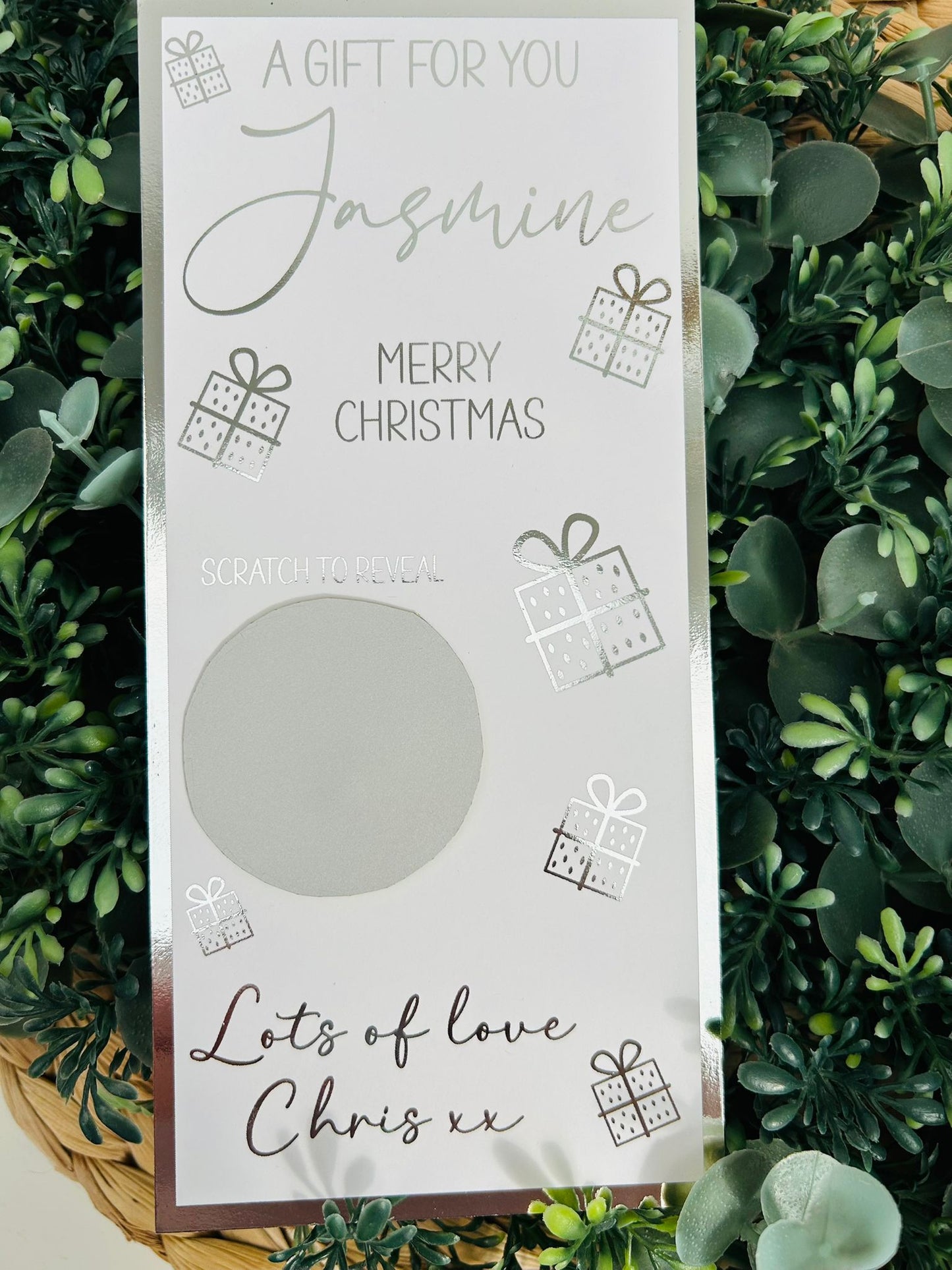 Personalised Foil Christmas Card, Surprise Reveal Scratch Off Ticket, Overnight Stay, Meal