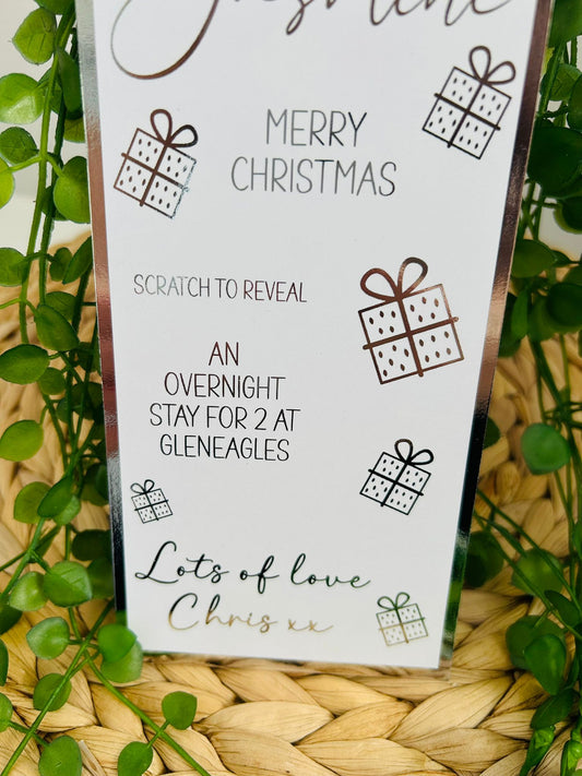 Personalised Foil Christmas Card, Surprise Reveal Scratch Off Ticket, Overnight Stay, Meal