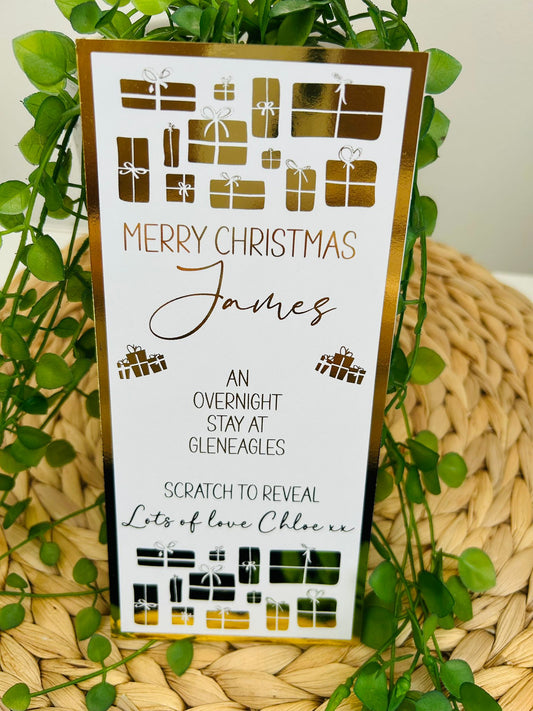 Personalised Foil Christmas Card, Surprise Reveal Scratch Off Ticket, Overnight Stay