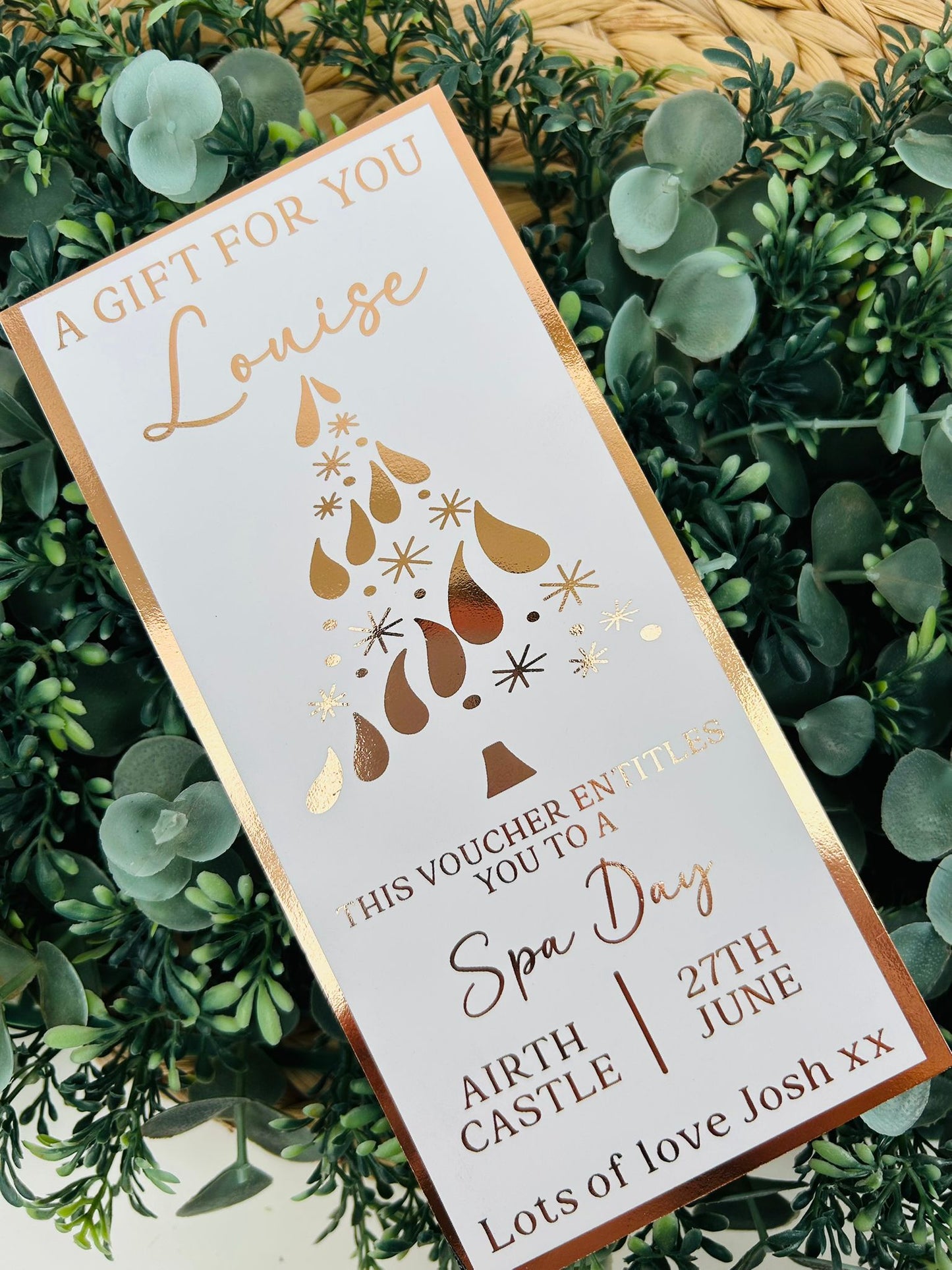 Personalised Foil Christmas Card, Surprise Foil Voucher Spa Day