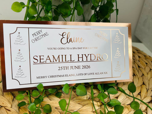 Personalised Foil Christmas Card, Surprise Foil Voucher Overnight Stay, Concert, Trip