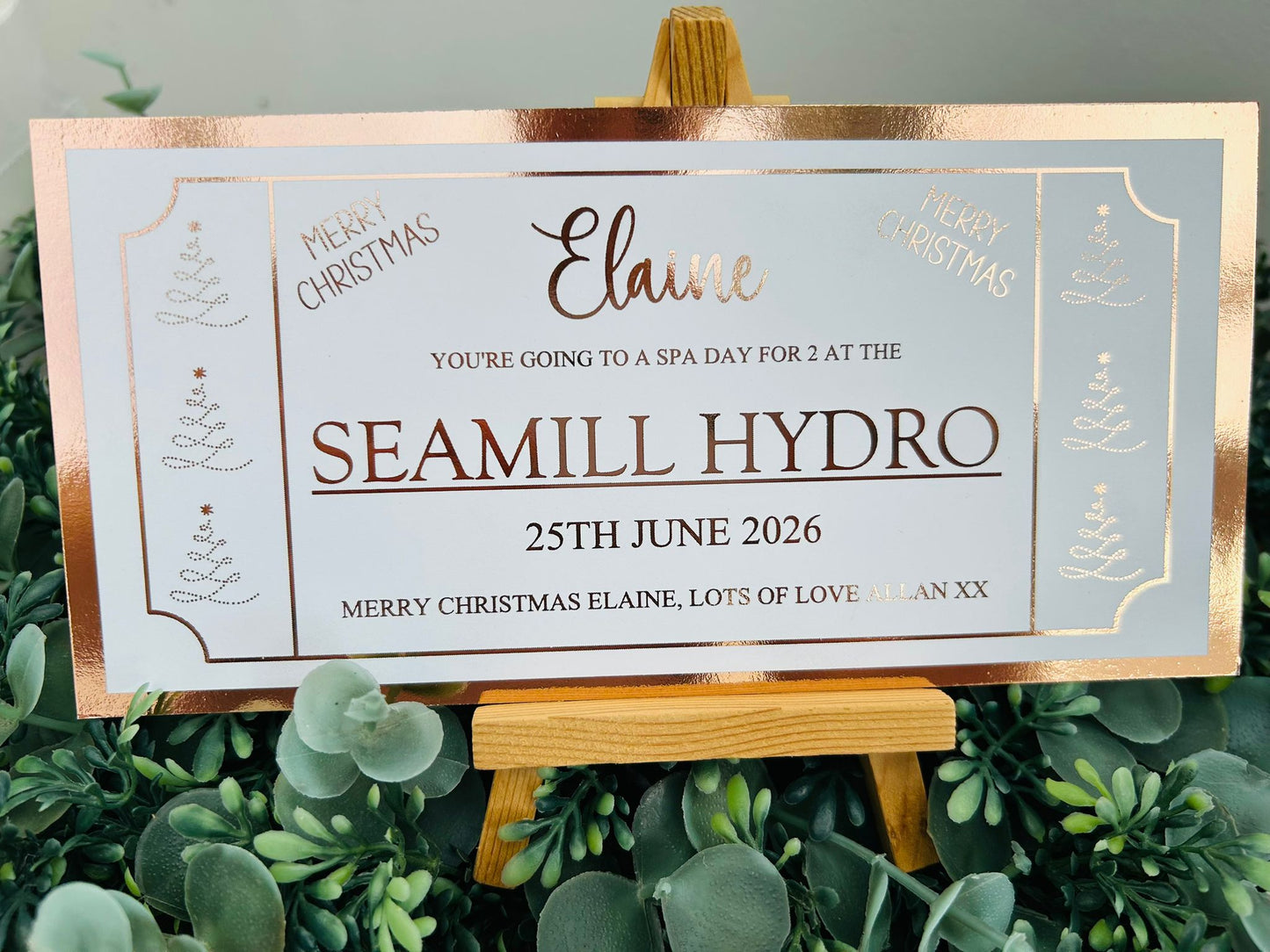 Personalised Foil Christmas Card, Surprise Foil Voucher Overnight Stay, Concert, Trip
