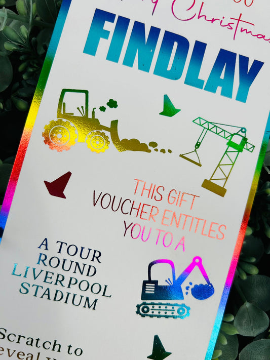 Personalised Foil Christmas Card, Surprise Reveal Scratch Off Ticket Construction Diggers