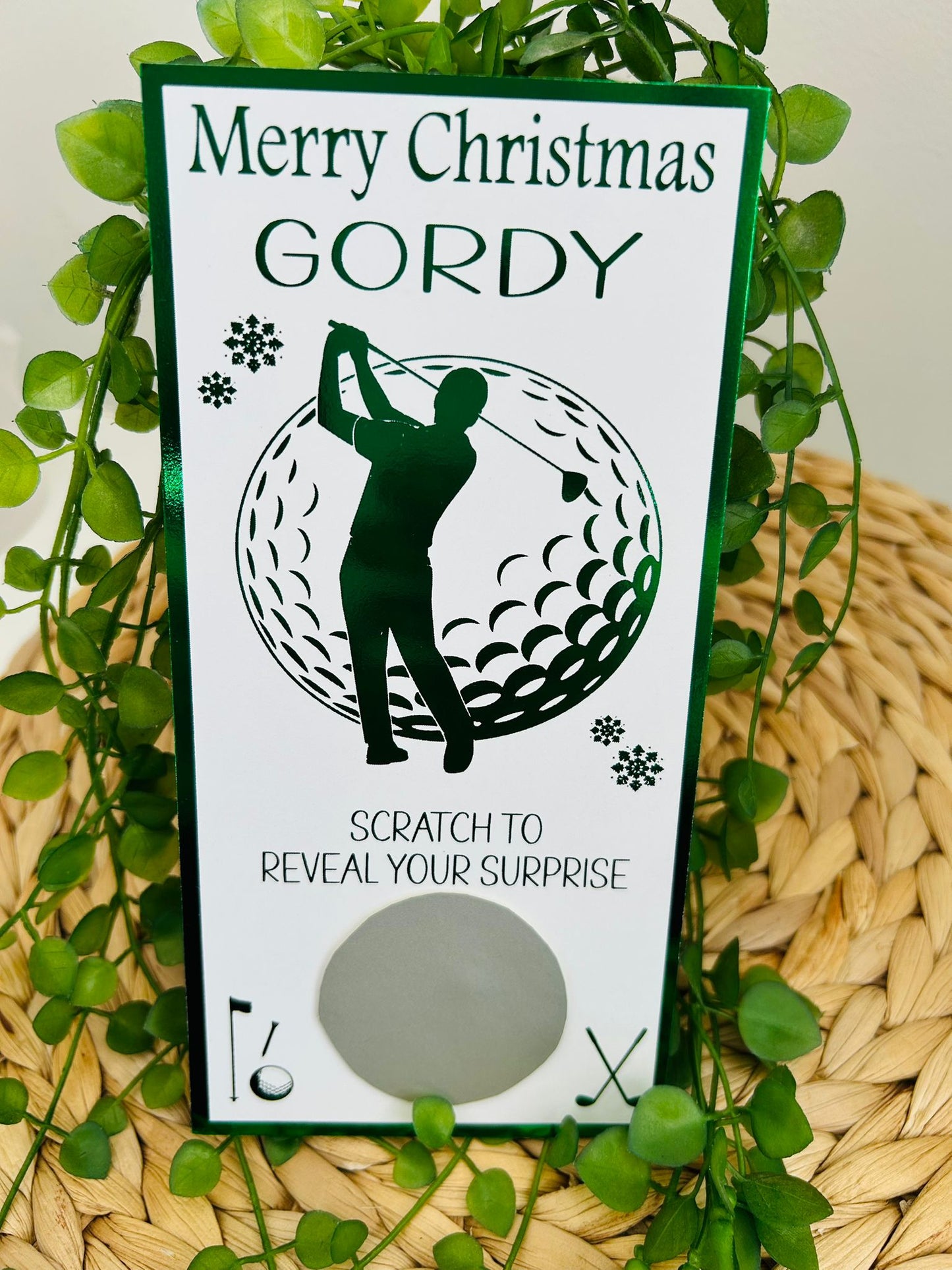 Personalised Foil Christmas Card, Surprise Reveal Scratch Off Ticket Golf, Golfing