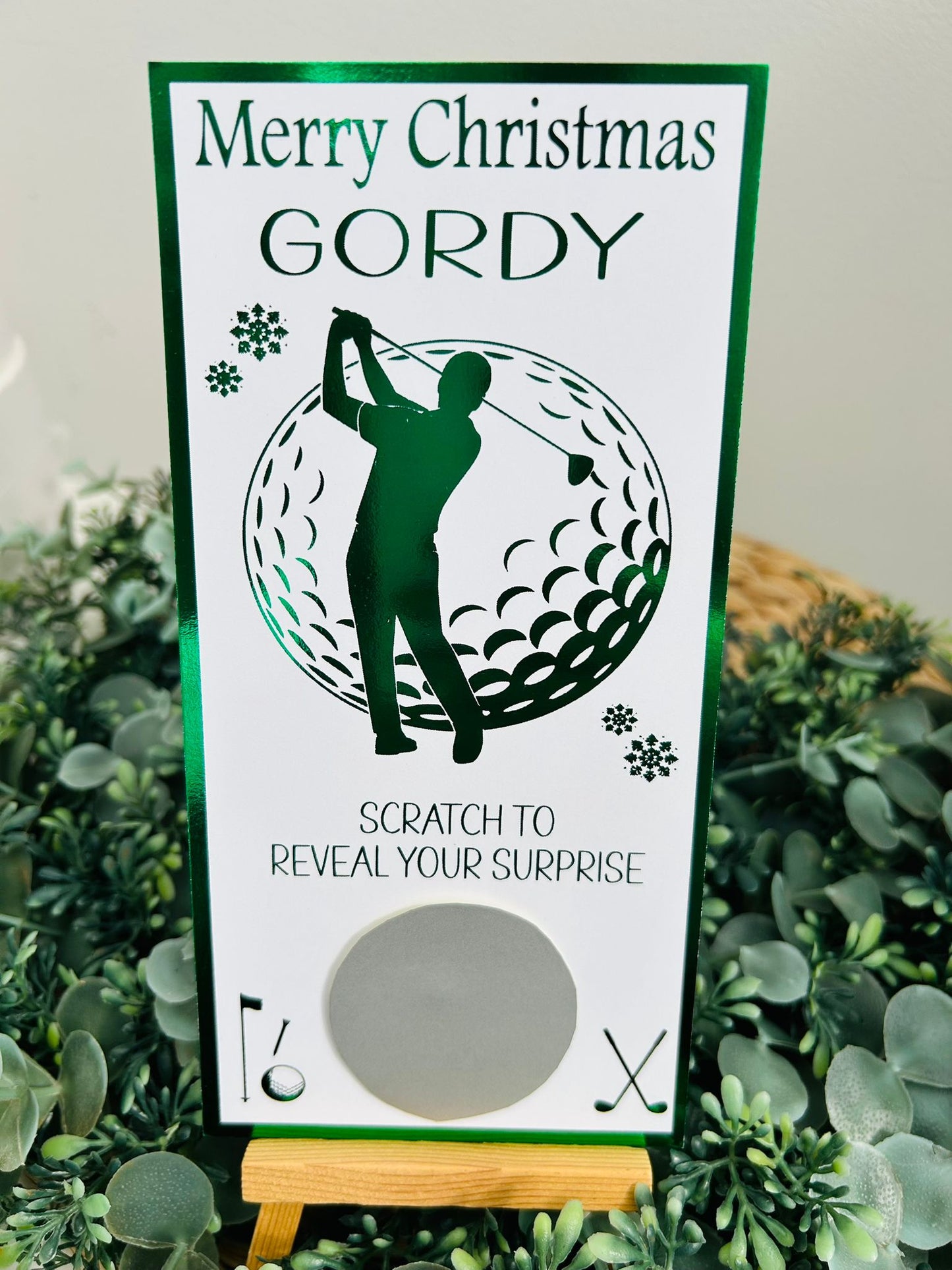 Personalised Foil Christmas Card, Surprise Reveal Scratch Off Ticket Golf, Golfing