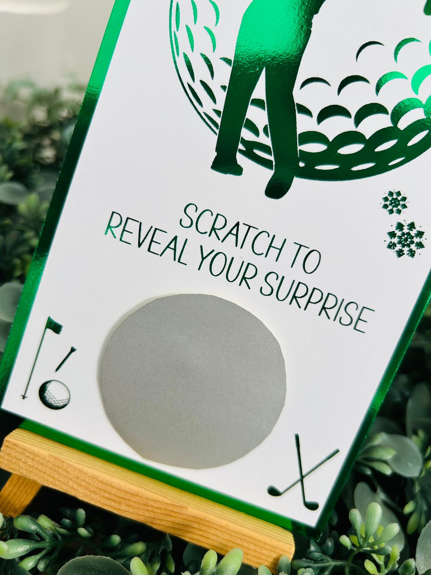 Personalised Foil Christmas Card, Surprise Reveal Scratch Off Ticket Golf, Golfing