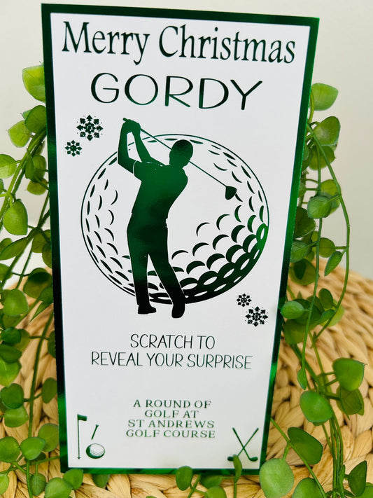 Personalised Foil Christmas Card, Surprise Reveal Scratch Off Ticket Golf, Golfing