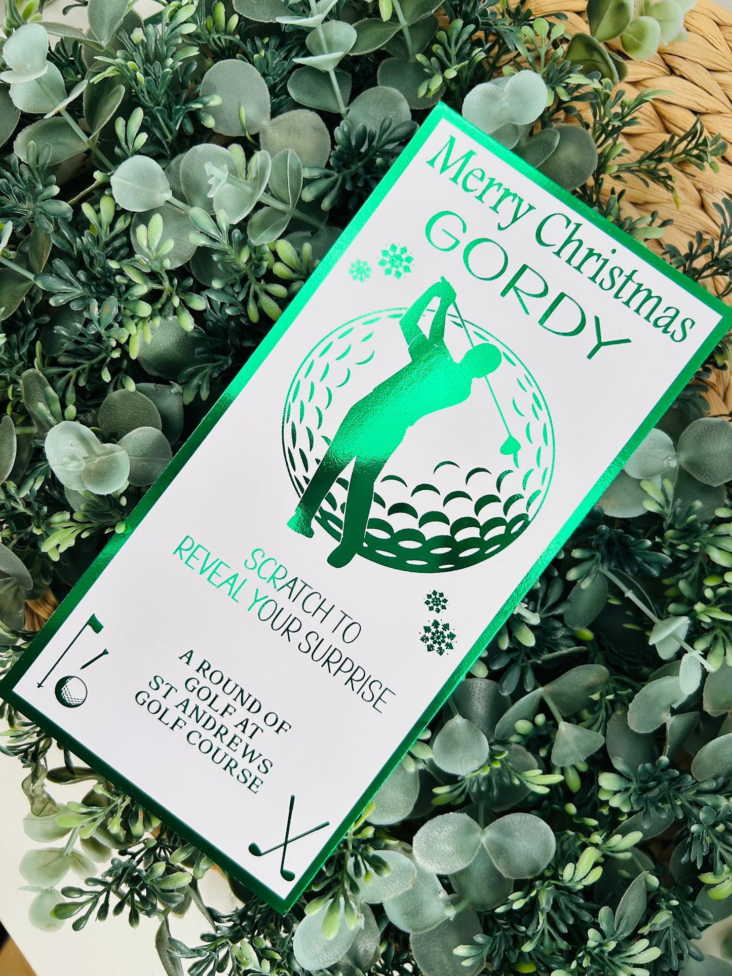 Personalised Foil Christmas Card, Surprise Reveal Scratch Off Ticket Golf, Golfing