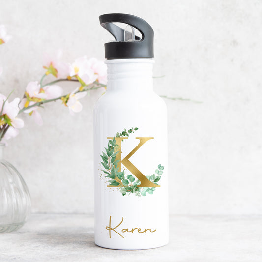 Personalised Water Bottle With Straw Gold Floral Initial