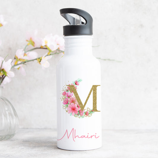 Personalised Water Bottle With Straw Gold Pink Floral Initial