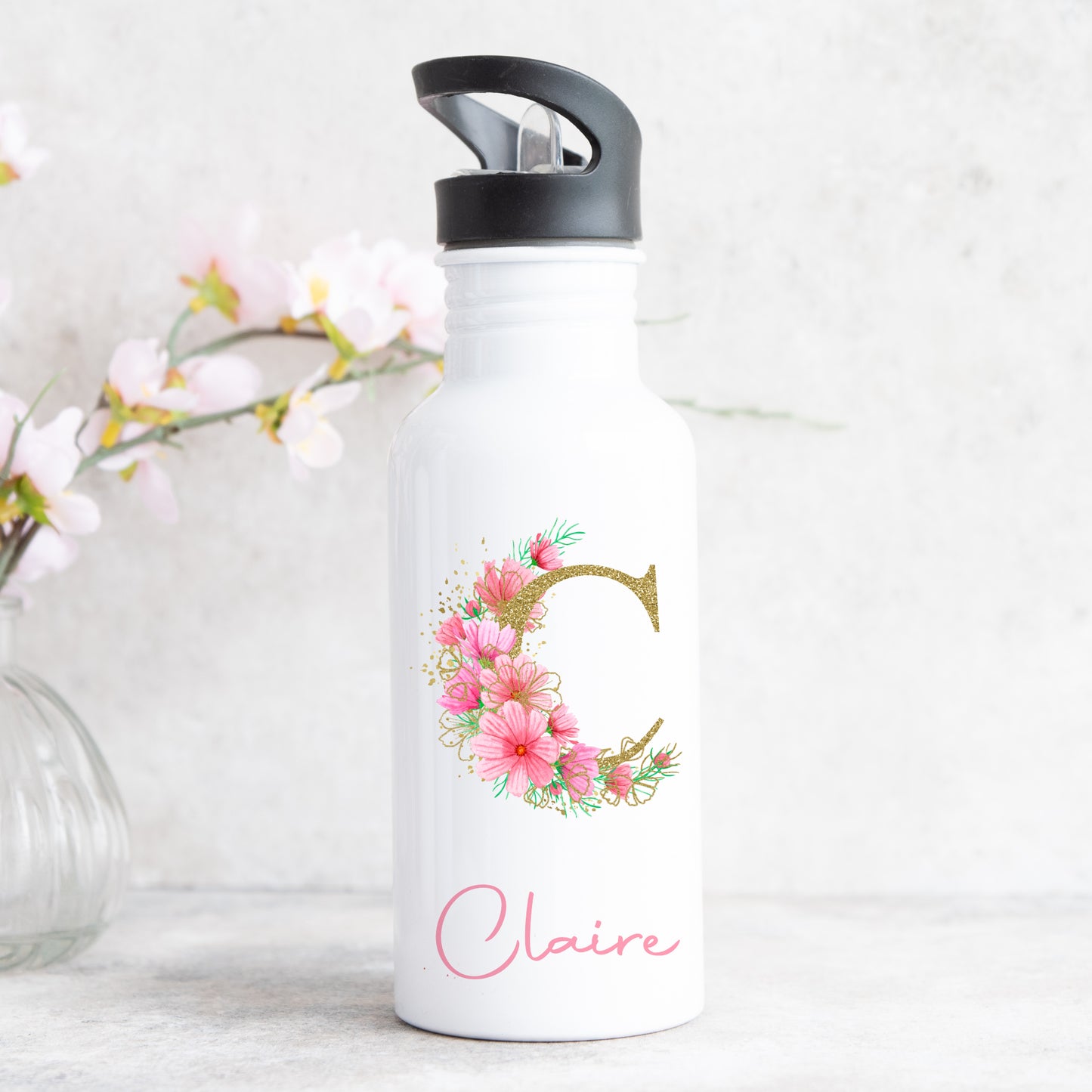 Personalised Water Bottle With Straw Gold Pink Floral Initial