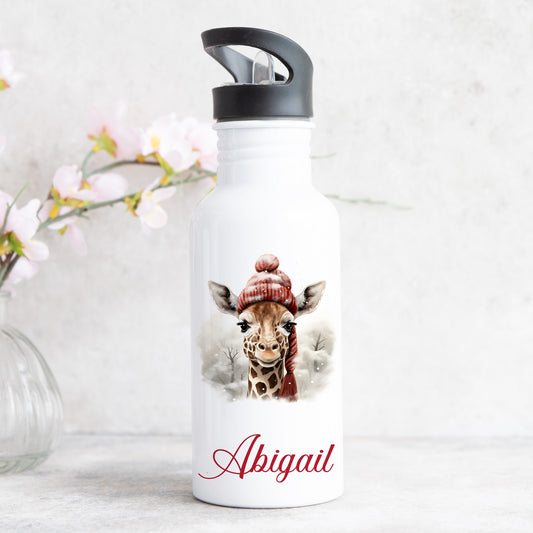 Personalised Water Bottle With Straw, Winter Giraffe