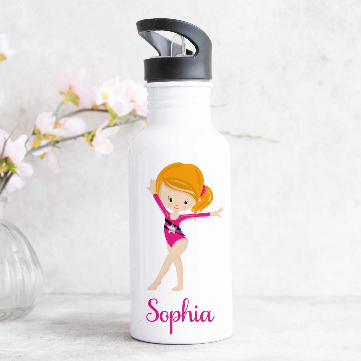 Personalised Girl's Gymnastics Water Bottle with Straw
