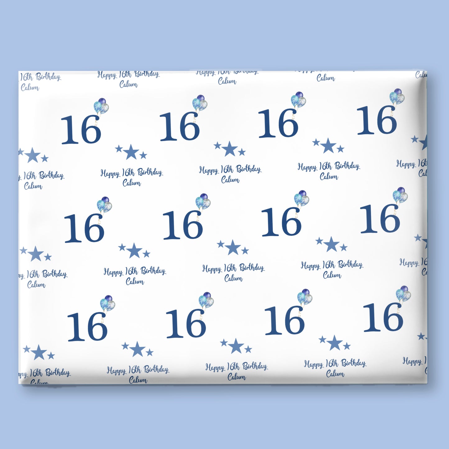 Personalised Birthday Wrapping Paper Blue Stars Balloons