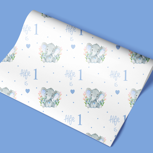 Personalised Childrens Birthday Wrapping Paper Blue Elephant