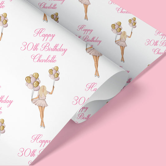 Personalised Birthday Gift Wrap Wrapping Paper Girl Balloons