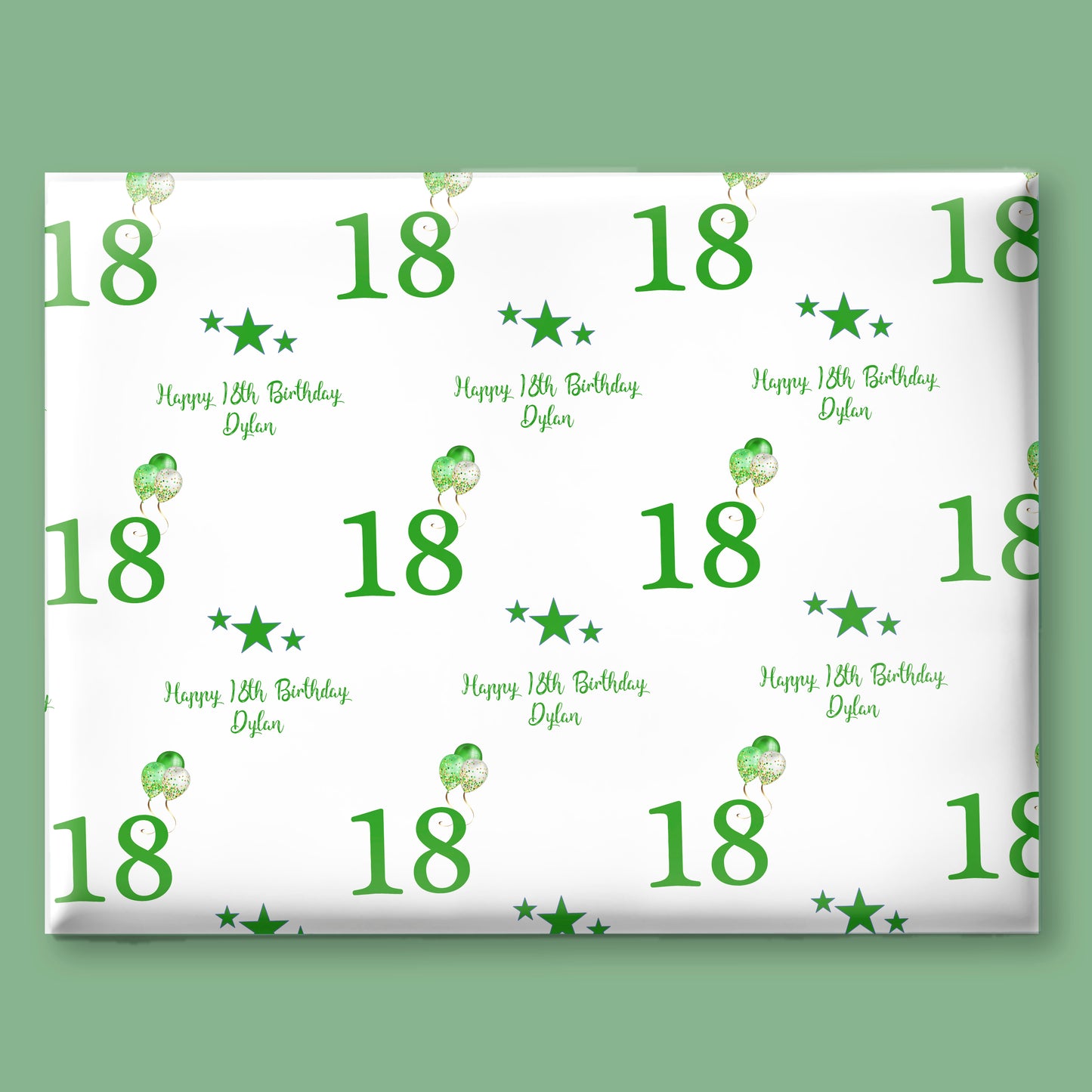 Personalised Birthday Wrapping Paper Green Balloons Stars