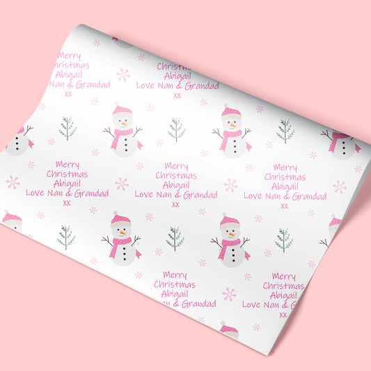 Personalised Christmas Wrapping Paper Pink Snowman