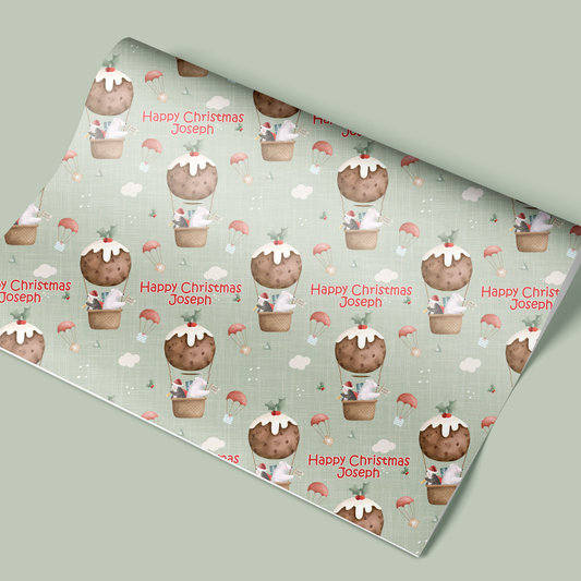 Personalised Christmas Wrapping Paper Christmas Pudding Hot Air Balloon