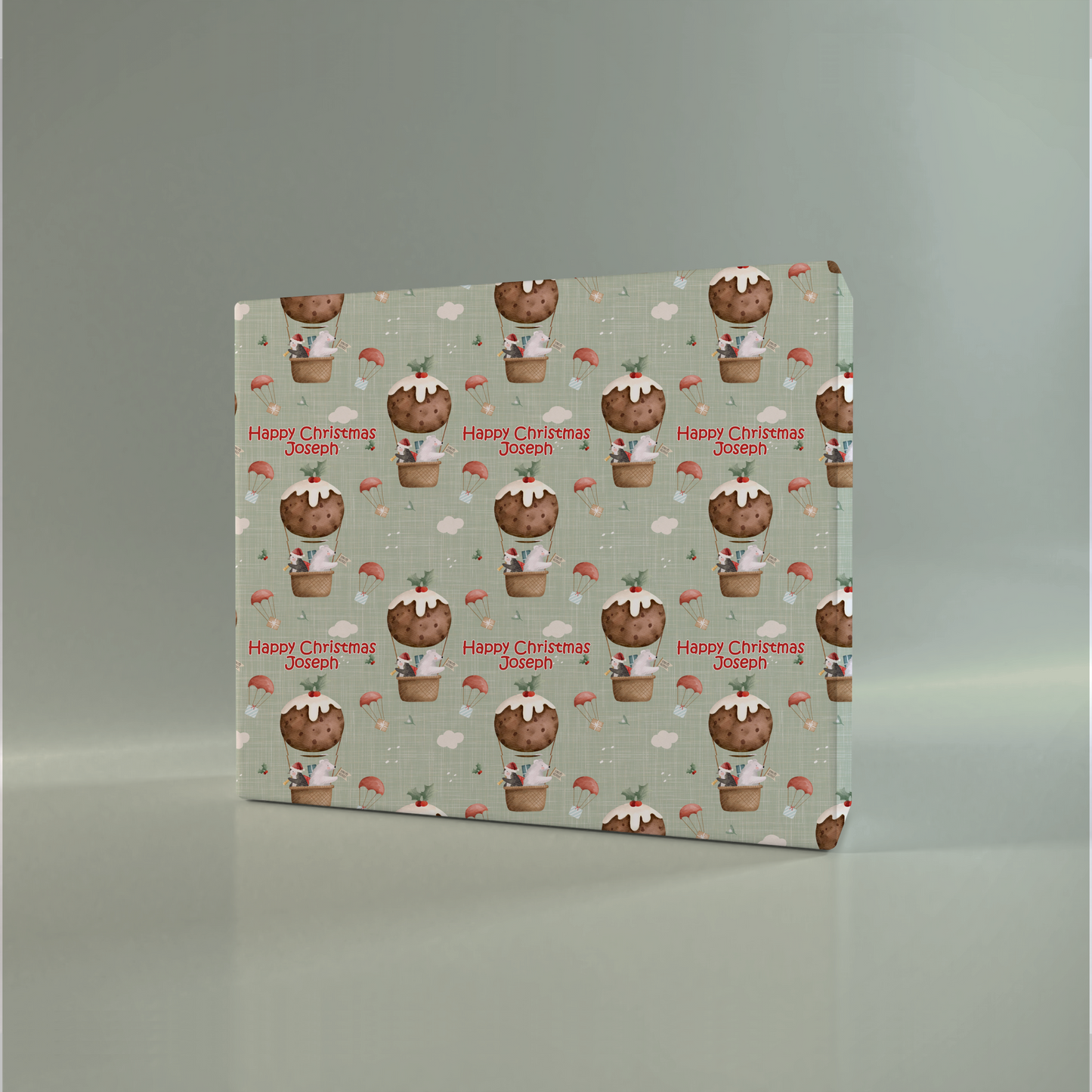 Personalised Christmas Wrapping Paper Christmas Pudding Hot Air Balloon