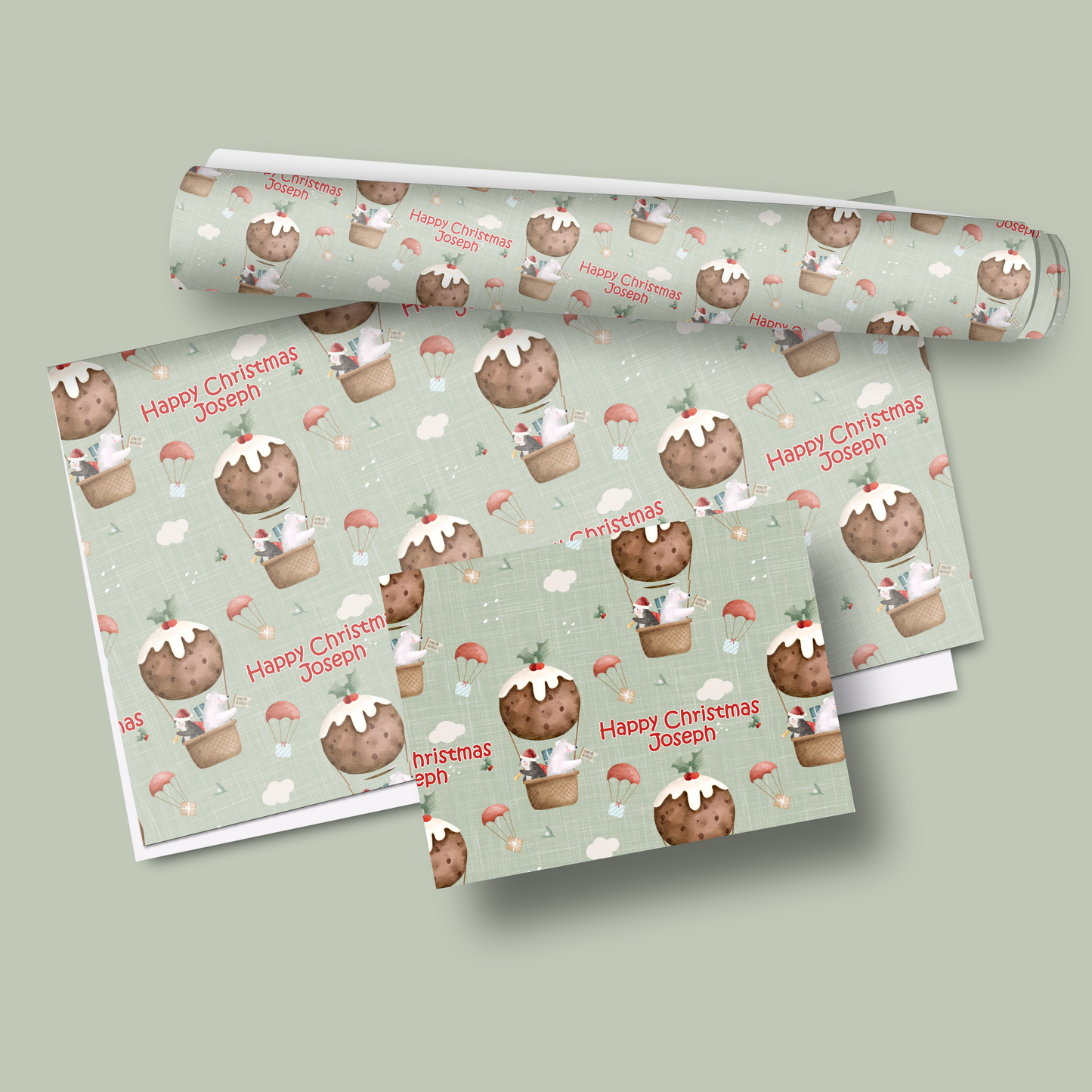 Personalised Christmas Wrapping Paper Christmas Pudding Hot Air Balloon