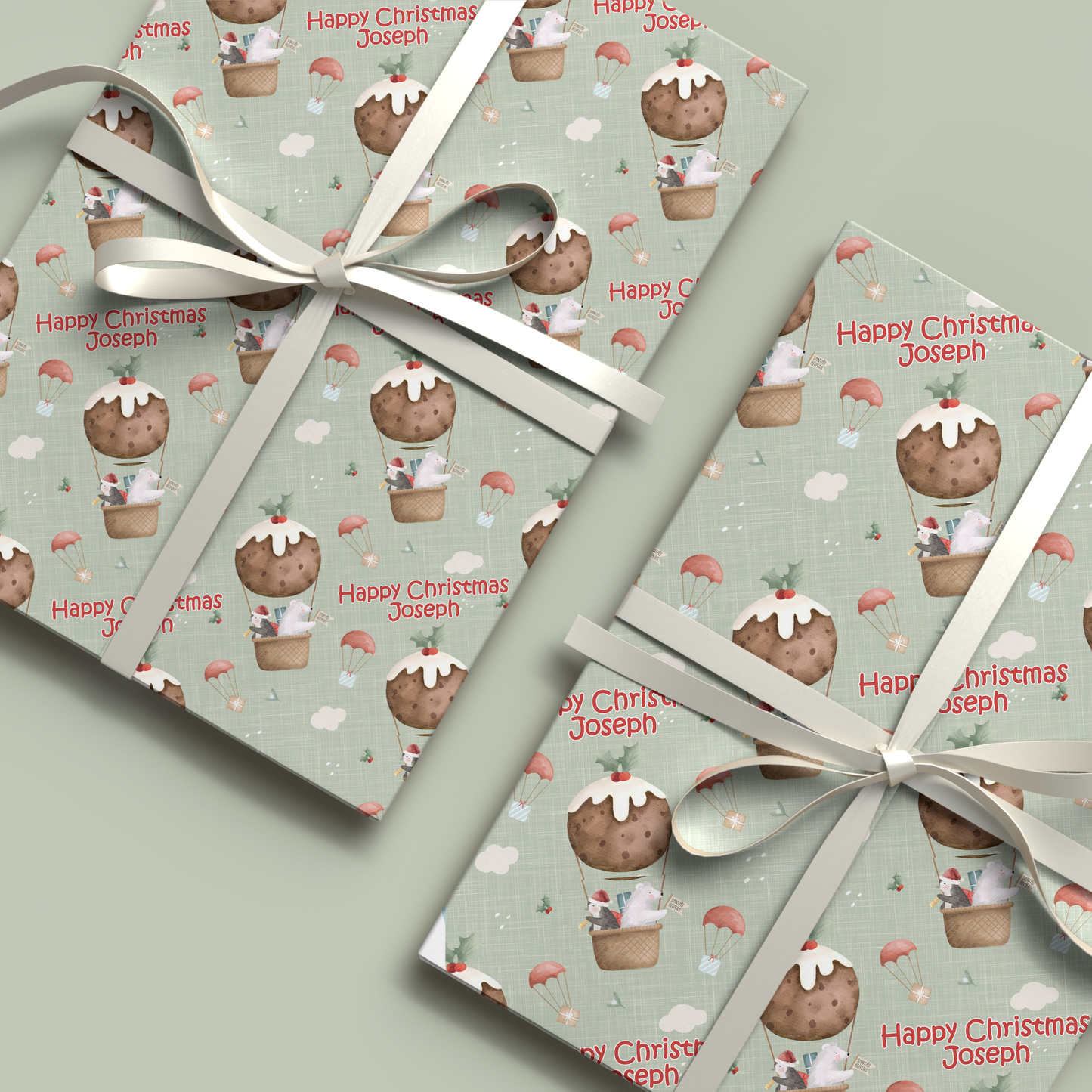 Personalised Christmas Wrapping Paper Christmas Pudding Hot Air Balloon