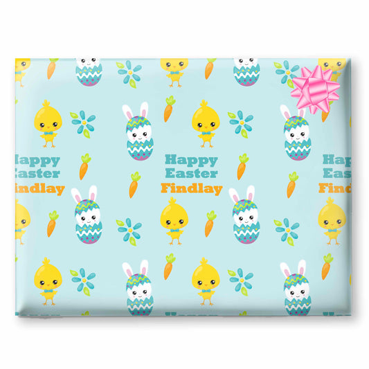 Easter Bunny Rabbit and Chick Blue Wrapping Paper