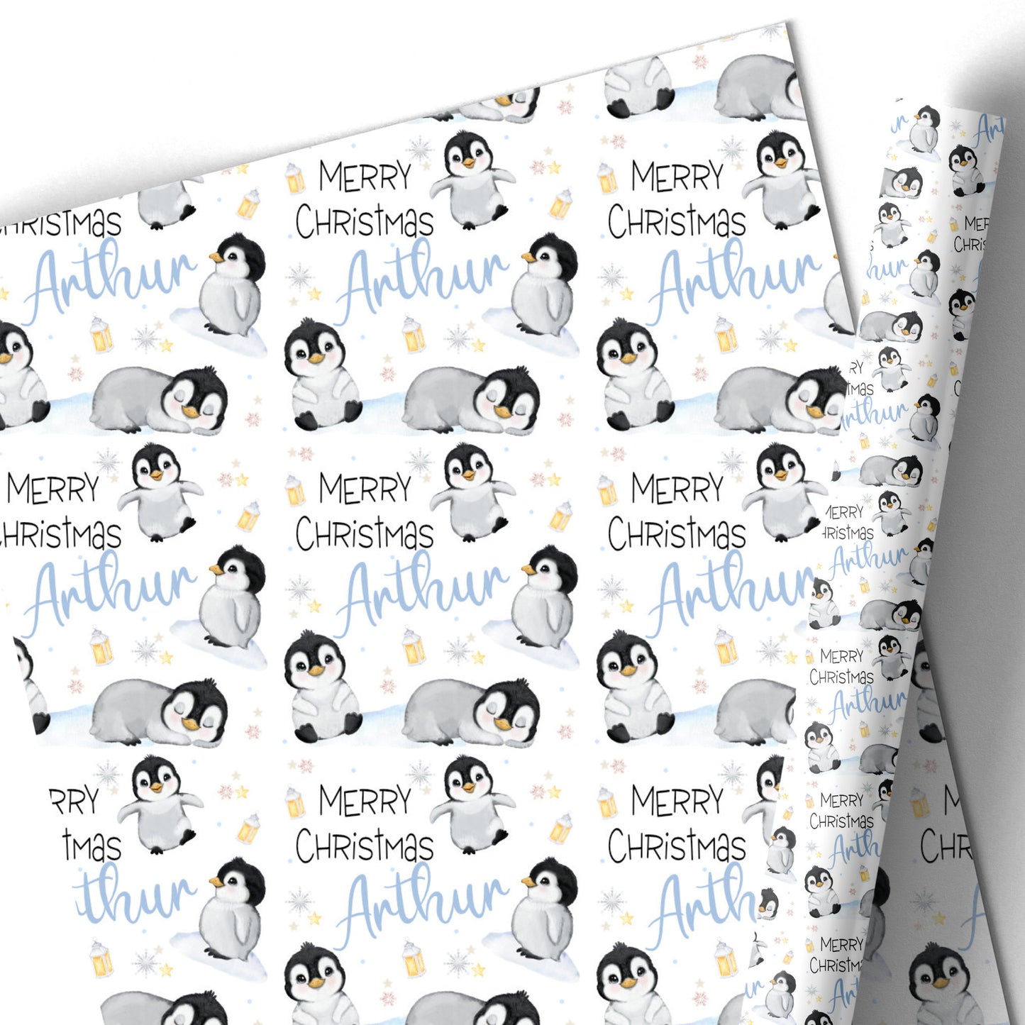 Christmas Gift Wrapping Paper – Personalied Gift Wrap Roll, Cute Penguins Blue Name
