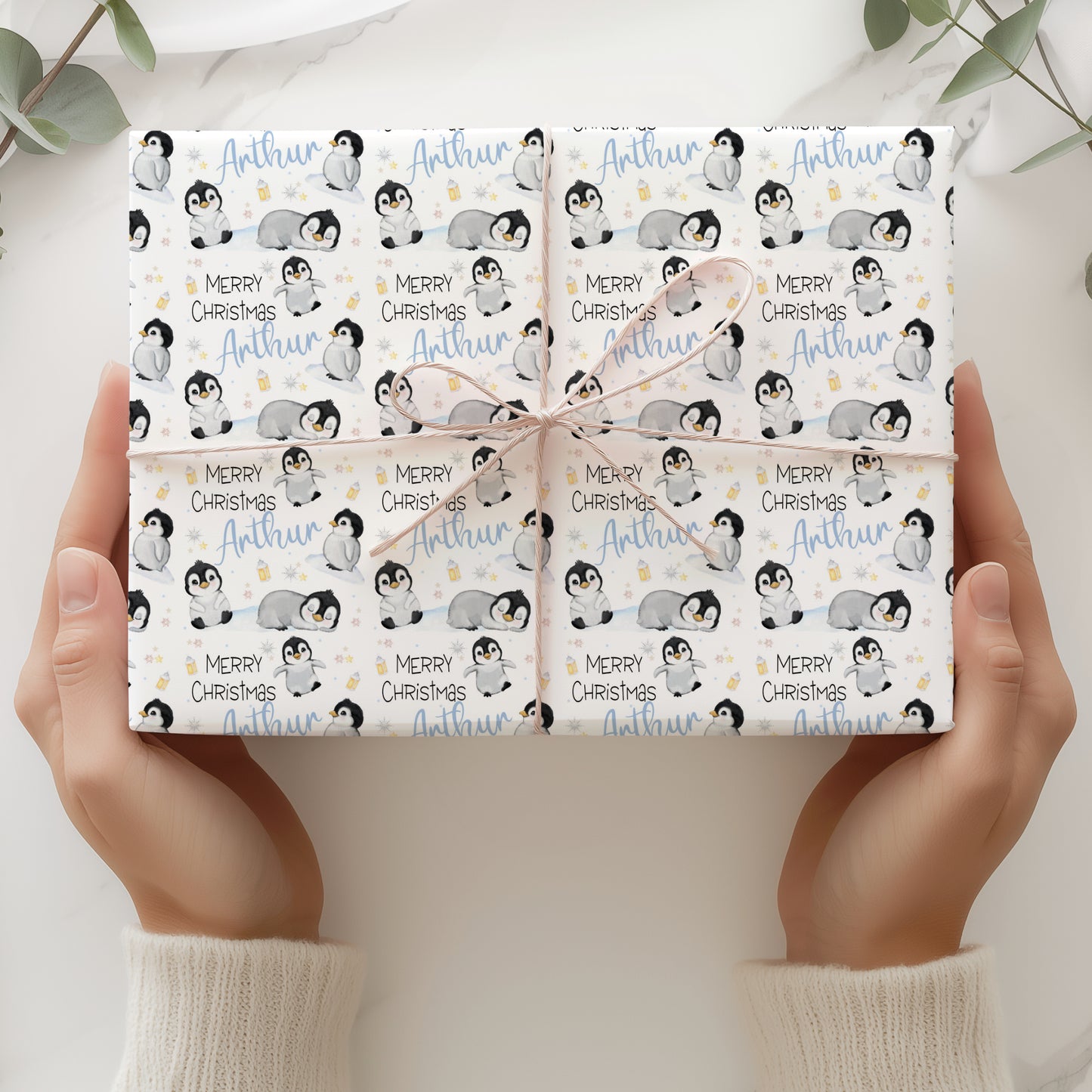 Christmas Gift Wrapping Paper – Personalied Gift Wrap Roll, Cute Penguins Blue Name