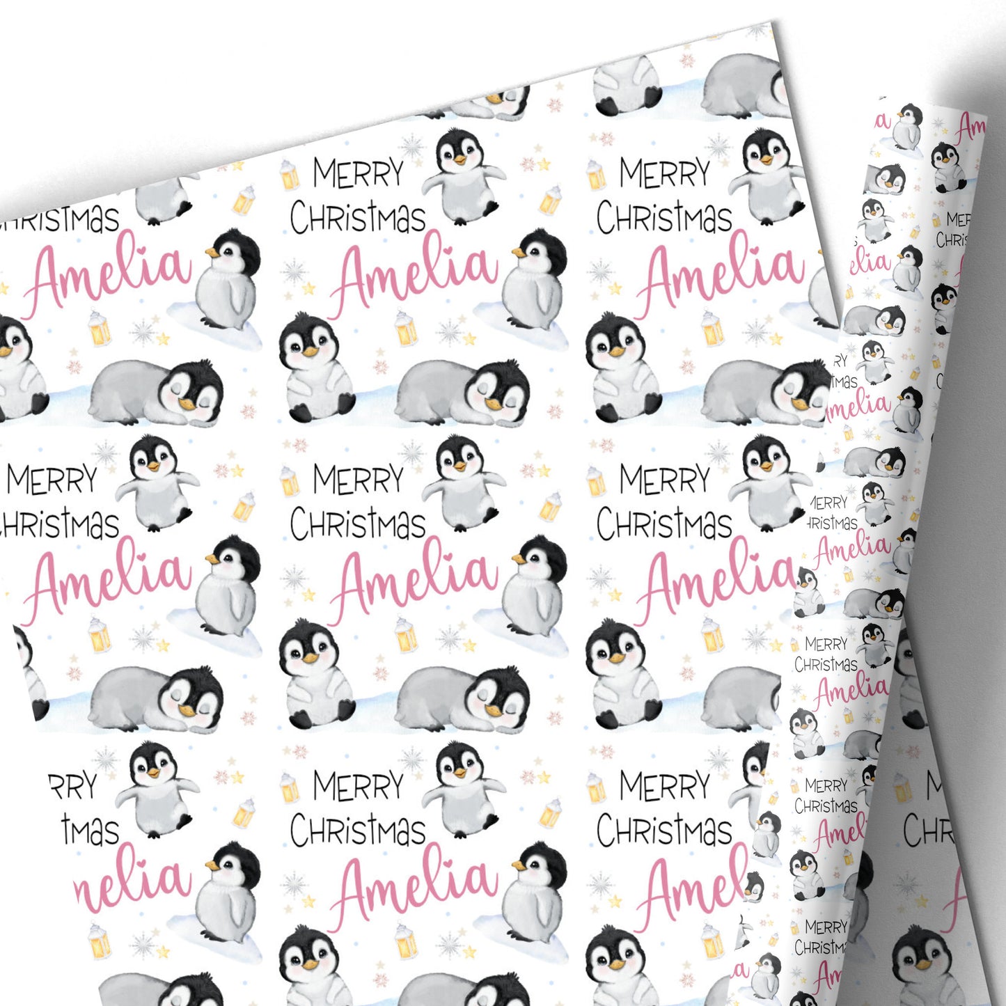 Christmas Gift Wrapping Paper – Personalied Gift Wrap Roll, Cute Penguins Pink Name