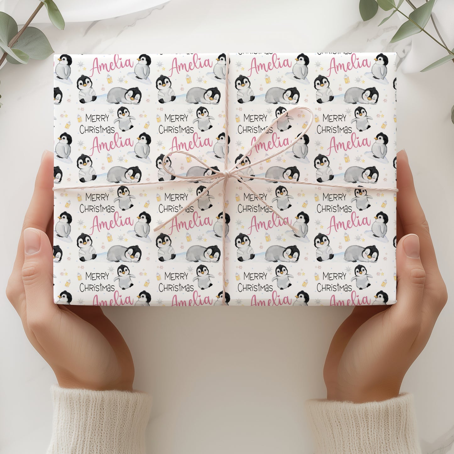 Christmas Gift Wrapping Paper – Personalied Gift Wrap Roll, Cute Penguins Pink Name