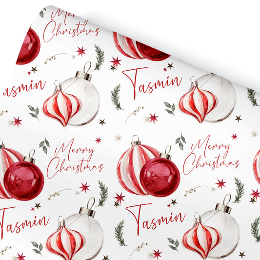 Christmas Gift Wrapping Paper –  Personalised Gift Wrap Roll - Candy Stripe Baubles
