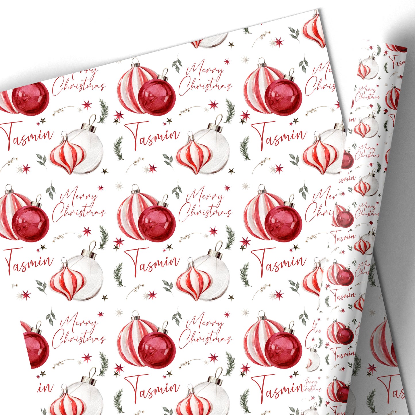 Christmas Gift Wrapping Paper – Personalised Gift Wrap Roll - Candy Stripe Baubles