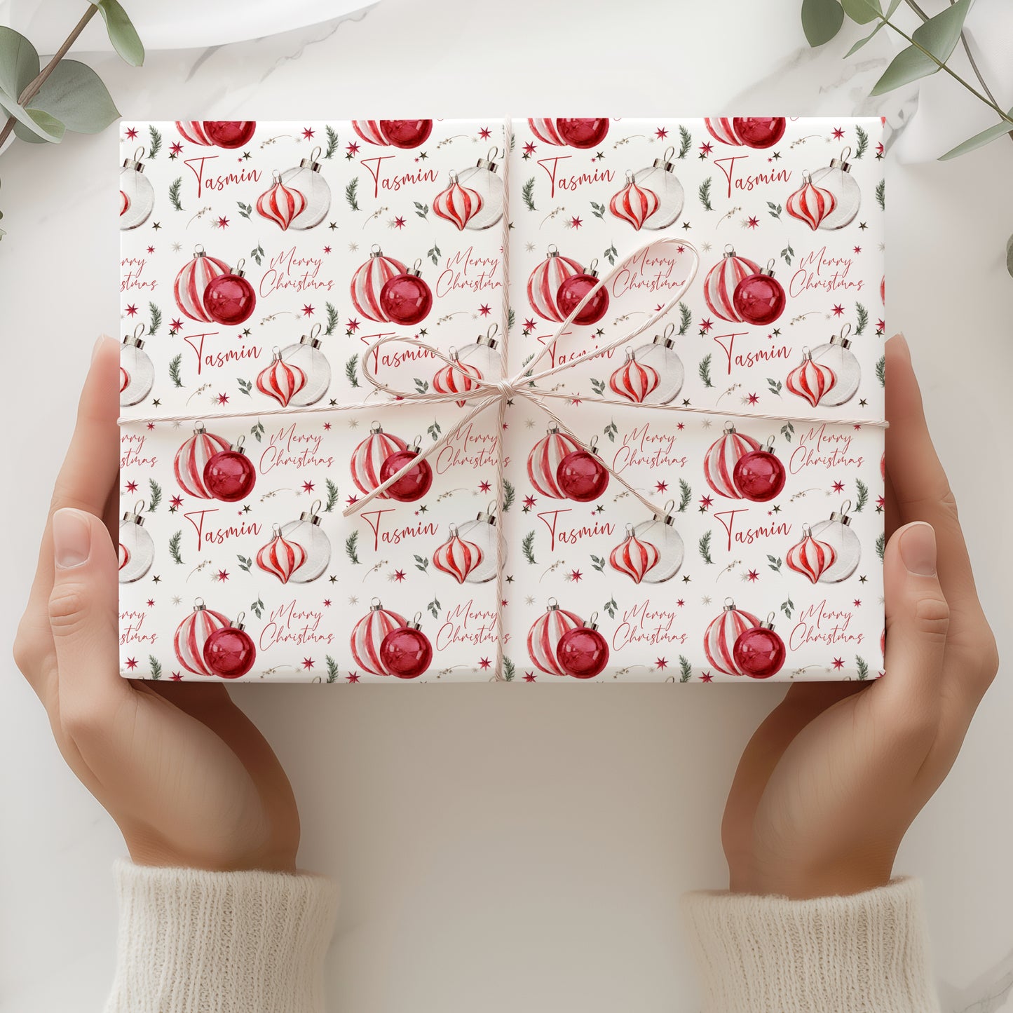 Christmas Gift Wrapping Paper – Personalised Gift Wrap Roll - Candy Stripe Baubles