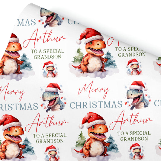 Christmas Gift Wrapping Paper – Personalised Children's Gift Wrap Roll - T Rex Dinosaurs