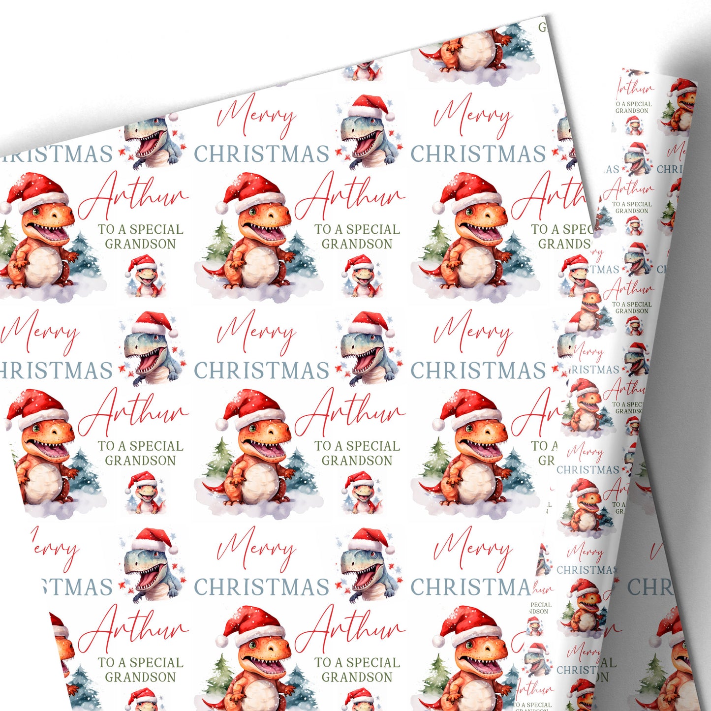 Christmas Gift Wrapping Paper – Personalised Children's Gift Wrap Roll - T Rex Dinosaurs