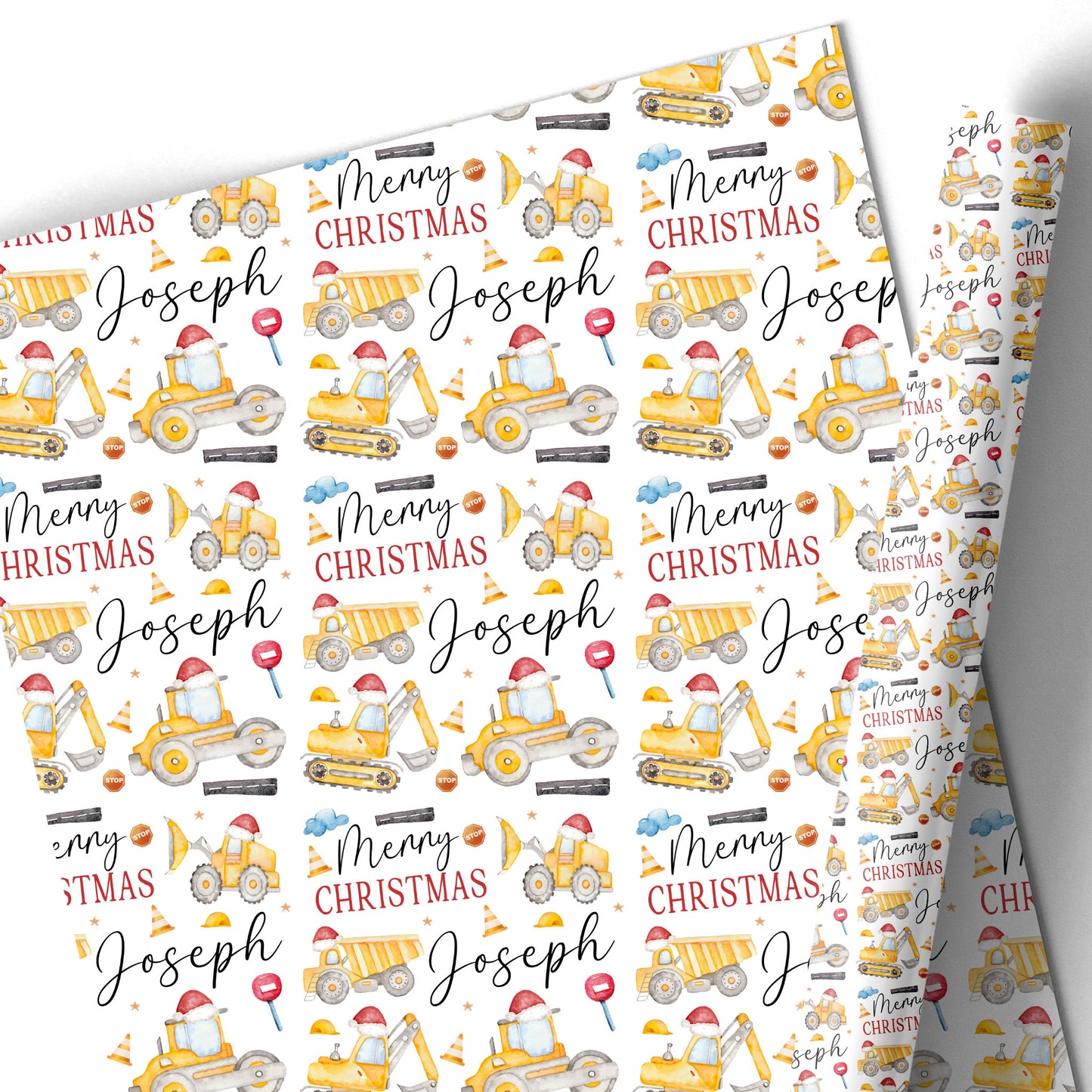 Christmas Gift Wrapping Paper – Personalised Children's Gift Wrap Roll - Construction Diggers