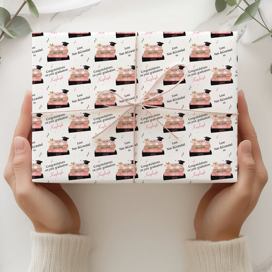 Graduation Gift Wrapping Paper Pink Book Stack