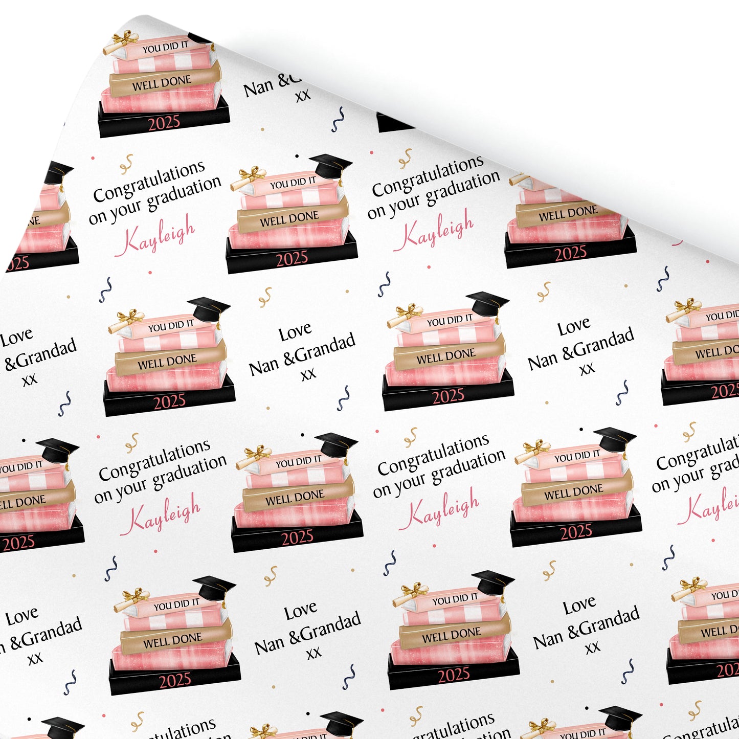 Graduation Gift Wrapping Paper Pink Book Stack