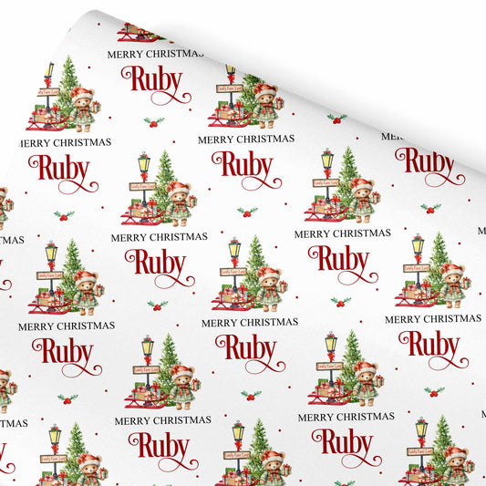 Christmas Wrapping Paper Teddy Candy Cane Lane Girl