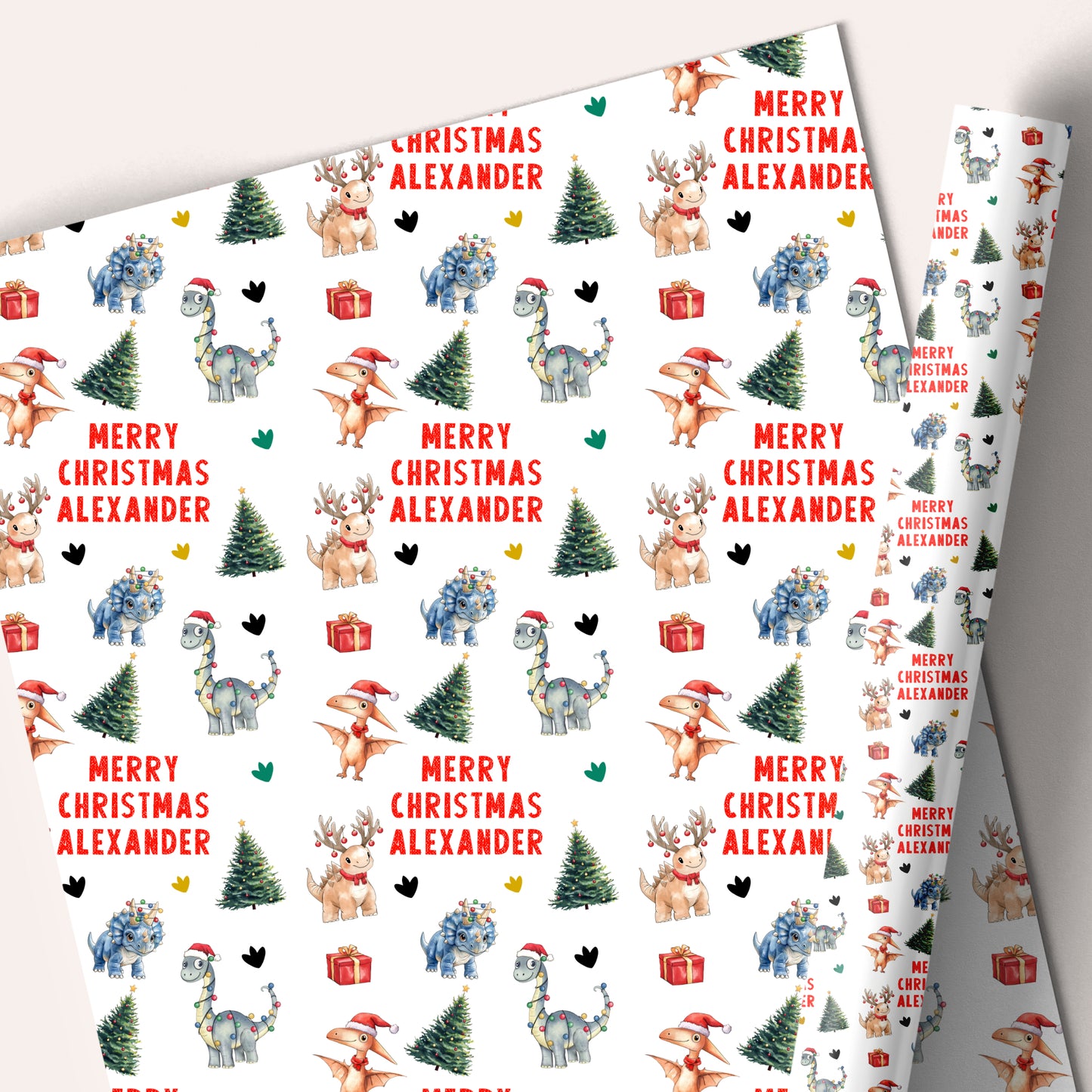Personalised Christmas Gift Wrapping Paper for Children – Dinosaur Design