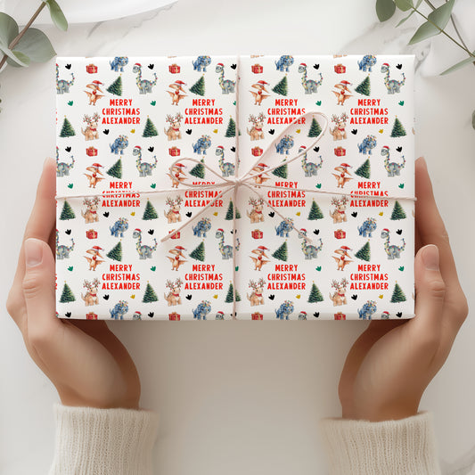 Personalised Christmas Gift Wrapping Paper for Children – Dinosaur Design