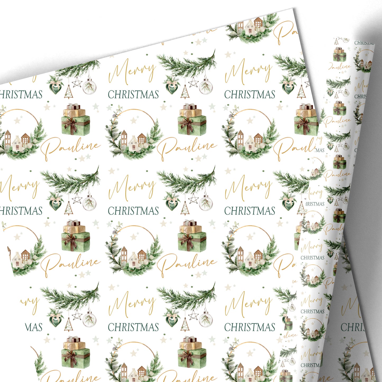 Christmas Gift Wrapping Paper – Personalised Gift Wrap Roll - Rustic House Bauble