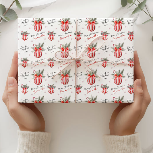 Personalised Christmas Gift Wrapping Paper – Red Candy Stripe Christmas Bauble