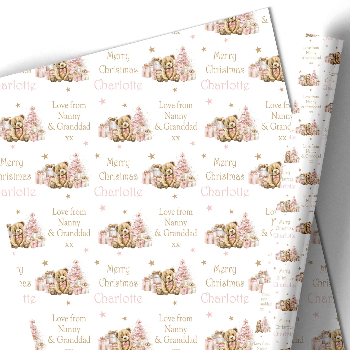 Christmas Gift Wrapping Paper – Personalised Gift Wrap Roll - Pink Teddy Bear
