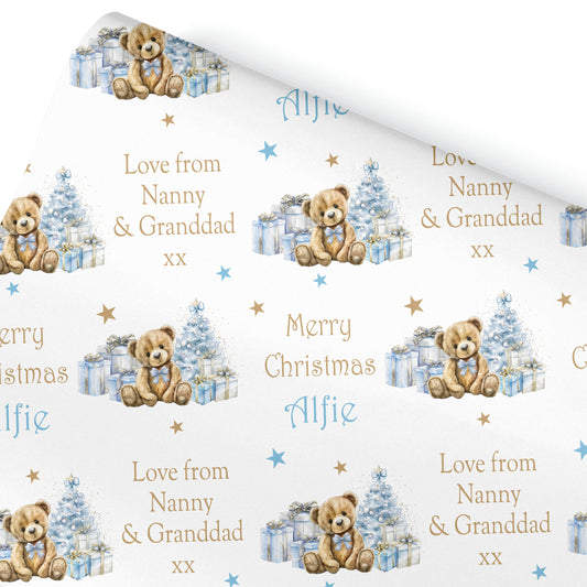 Christmas Gift Wrapping Paper – Personalised Gift Wrap Roll - Blue Teddy Bear